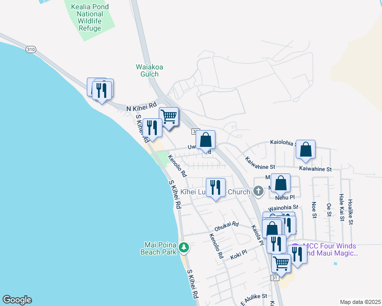 map of restaurants, bars, coffee shops, grocery stores, and more near 140 Uwapo Road in Kihei