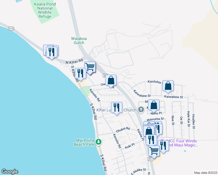 map of restaurants, bars, coffee shops, grocery stores, and more near 140 Uwapo Road in Kihei