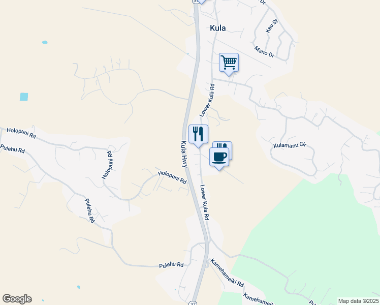 map of restaurants, bars, coffee shops, grocery stores, and more near 2820 Lower Kula Road in Kula