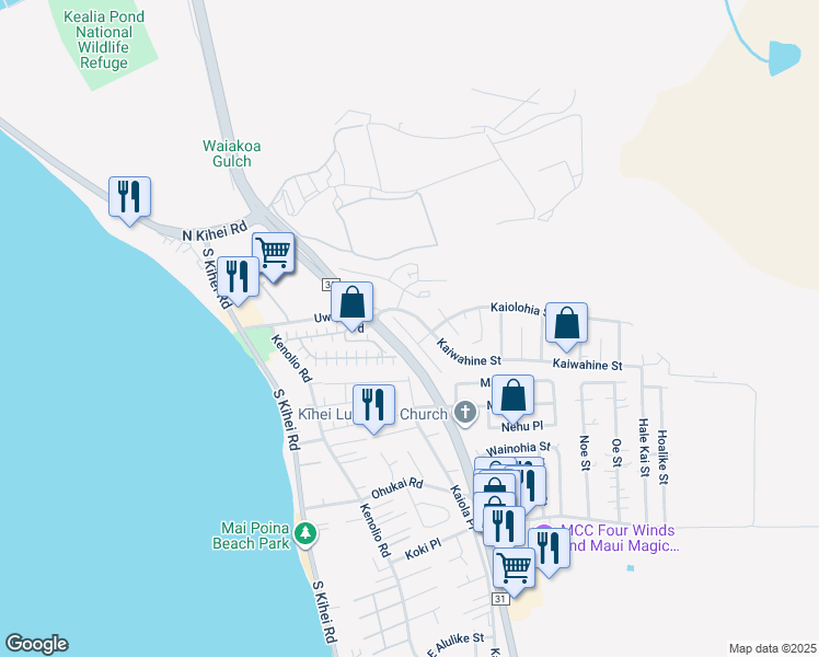 map of restaurants, bars, coffee shops, grocery stores, and more near 225 Humupea Street in Kihei
