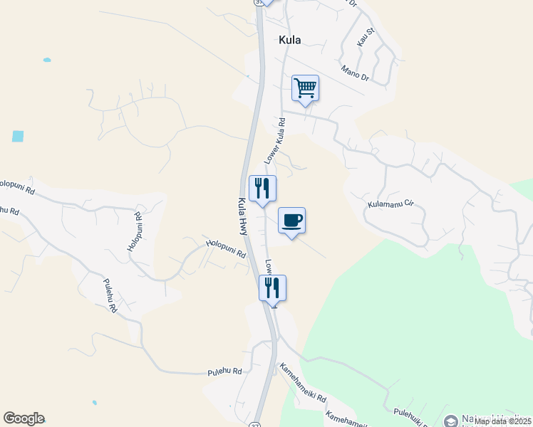 map of restaurants, bars, coffee shops, grocery stores, and more near Lower Kula Road in Kula