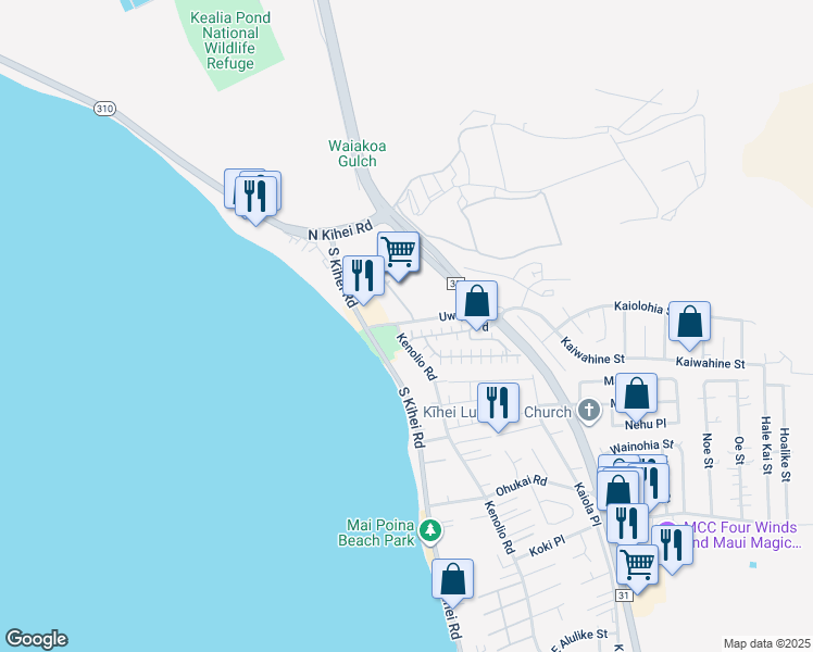 map of restaurants, bars, coffee shops, grocery stores, and more near 140 Uwapo Road in Kihei