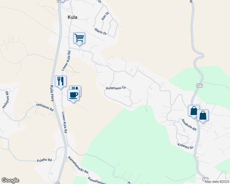 map of restaurants, bars, coffee shops, grocery stores, and more near 28 Kulamanu Circle in Kula