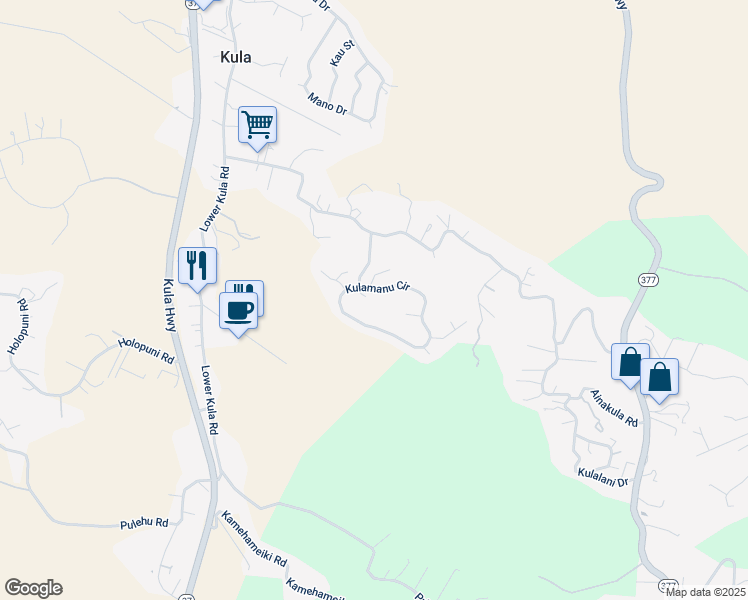 map of restaurants, bars, coffee shops, grocery stores, and more near 28 Kulamanu Circle in Kula