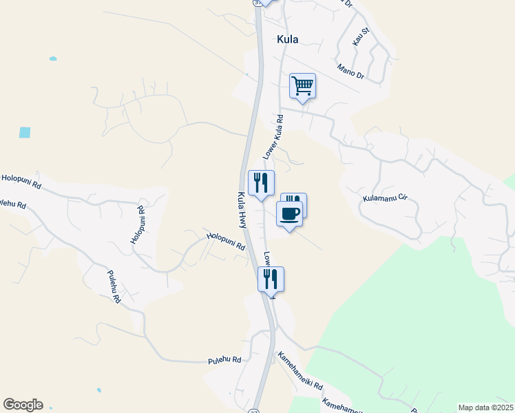 map of restaurants, bars, coffee shops, grocery stores, and more near 2820 Lower Kula Road in Kula