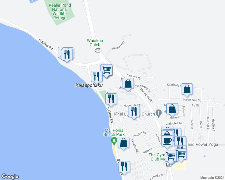 map of restaurants, bars, coffee shops, grocery stores, and more near 140 Uwapo Road in Kihei
