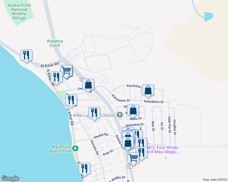 map of restaurants, bars, coffee shops, grocery stores, and more near 279 Kaiwahine Street in Kihei