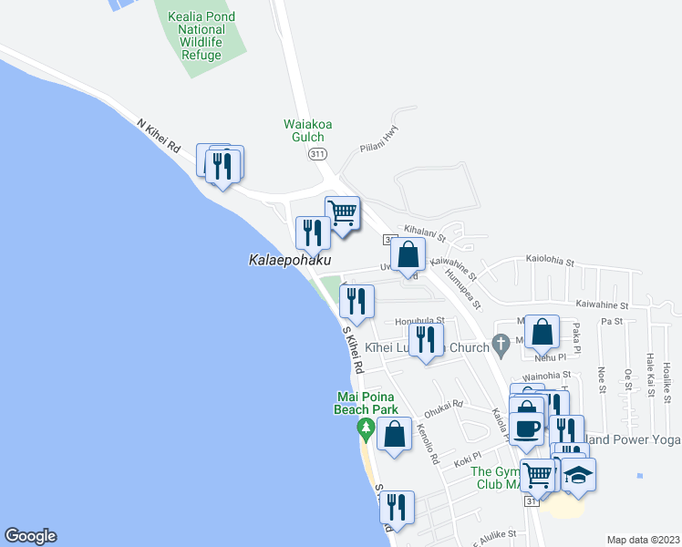 map of restaurants, bars, coffee shops, grocery stores, and more near 140 Kenolio Road in Kihei