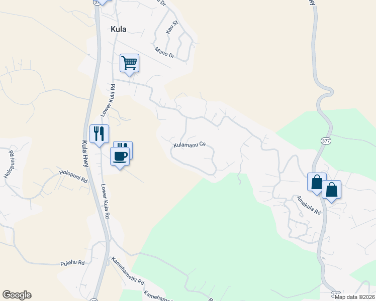 map of restaurants, bars, coffee shops, grocery stores, and more near 284 Kulamanu Circle in Kula