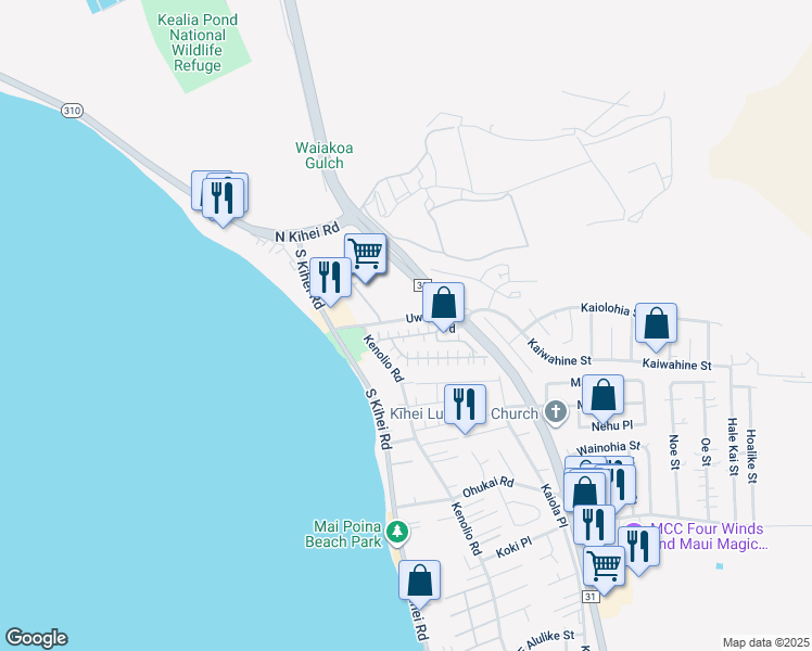 map of restaurants, bars, coffee shops, grocery stores, and more near 140 Uwapo Road in Kihei