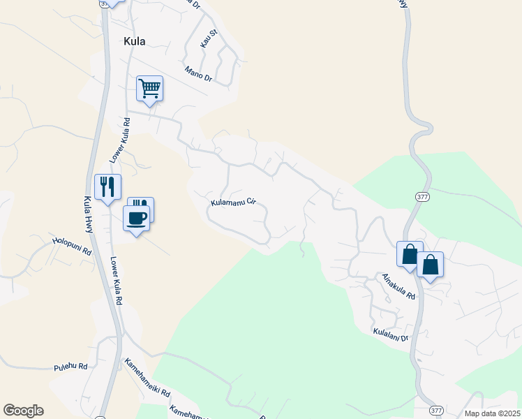 map of restaurants, bars, coffee shops, grocery stores, and more near 82 Kulamanu Circle in Kula