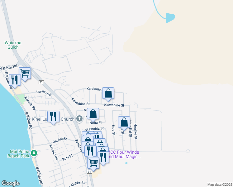 map of restaurants, bars, coffee shops, grocery stores, and more near 496 Kaiolohia Street in Kihei