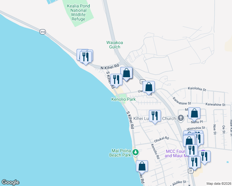 map of restaurants, bars, coffee shops, grocery stores, and more near 54 South Kihei Road in Kihei