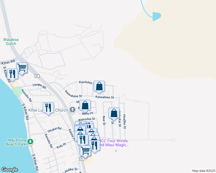 map of restaurants, bars, coffee shops, grocery stores, and more near 504 Kaiolohia Street in Kihei