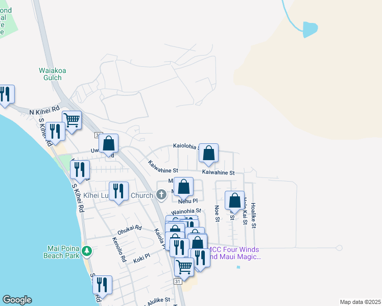 map of restaurants, bars, coffee shops, grocery stores, and more near 301 Lakau Place in Kihei