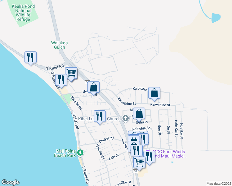 map of restaurants, bars, coffee shops, grocery stores, and more near 255 Kaiolohia Street in Kihei