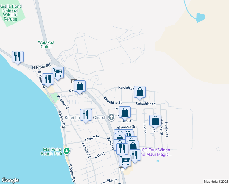 map of restaurants, bars, coffee shops, grocery stores, and more near 266 Ailana Place in Kihei