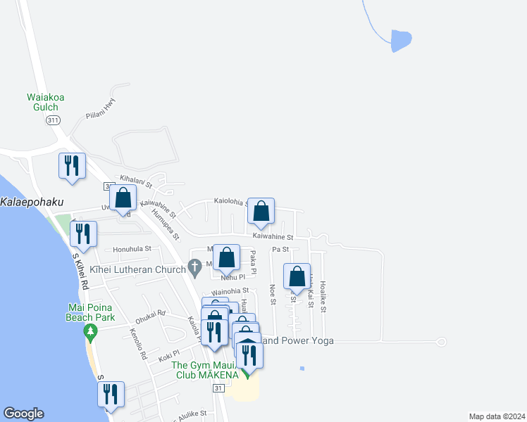 map of restaurants, bars, coffee shops, grocery stores, and more near 462 Kaiolohia Street in Kihei