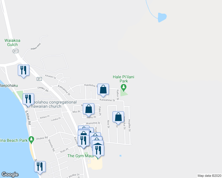 map of restaurants, bars, coffee shops, grocery stores, and more near 496 Kaiolohia Street in Kihei