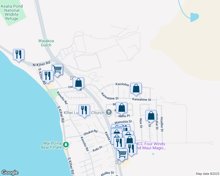 map of restaurants, bars, coffee shops, grocery stores, and more near 308 Kaiolohia Street in Kihei