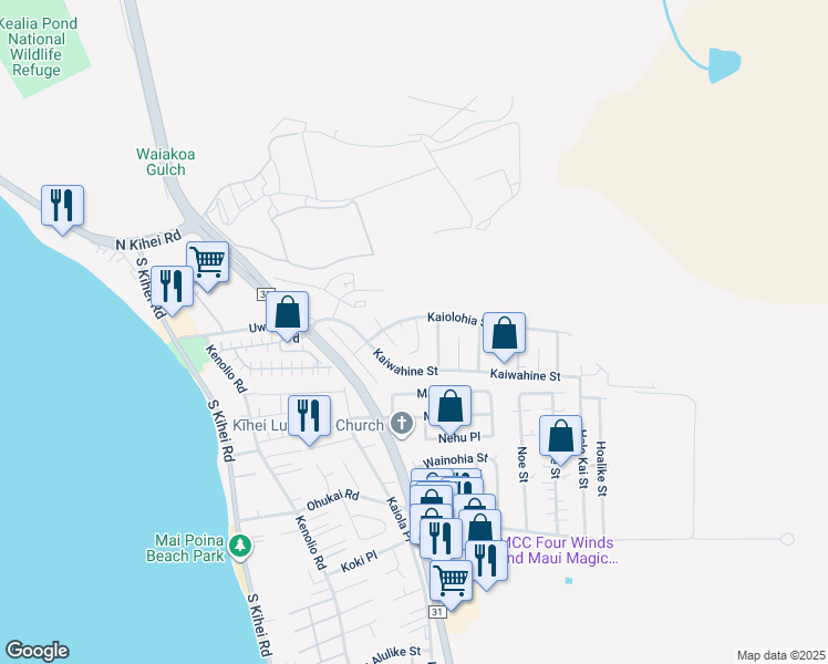 map of restaurants, bars, coffee shops, grocery stores, and more near 266 Ailana Place in Kihei