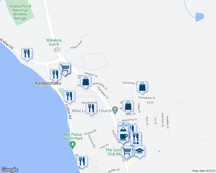 map of restaurants, bars, coffee shops, grocery stores, and more near 263A Kaiolohia Street in Kihei
