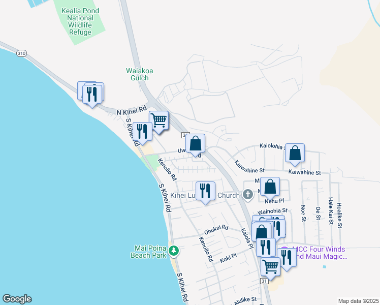 map of restaurants, bars, coffee shops, grocery stores, and more near 140 Uwapo Road in Kihei