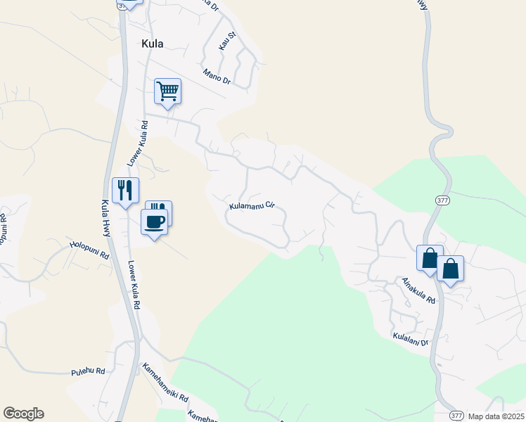 map of restaurants, bars, coffee shops, grocery stores, and more near 50 Kulamanu Circle in Kula