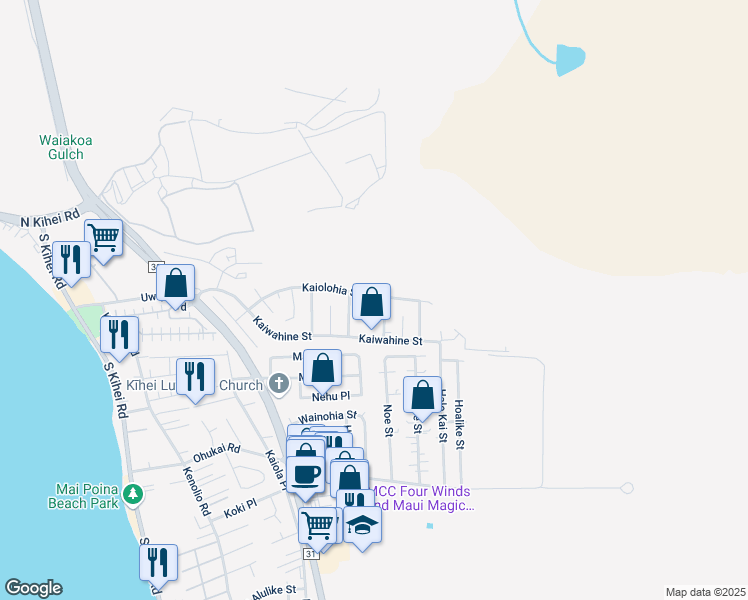 map of restaurants, bars, coffee shops, grocery stores, and more near 451 Kaiolohia Street in Kihei