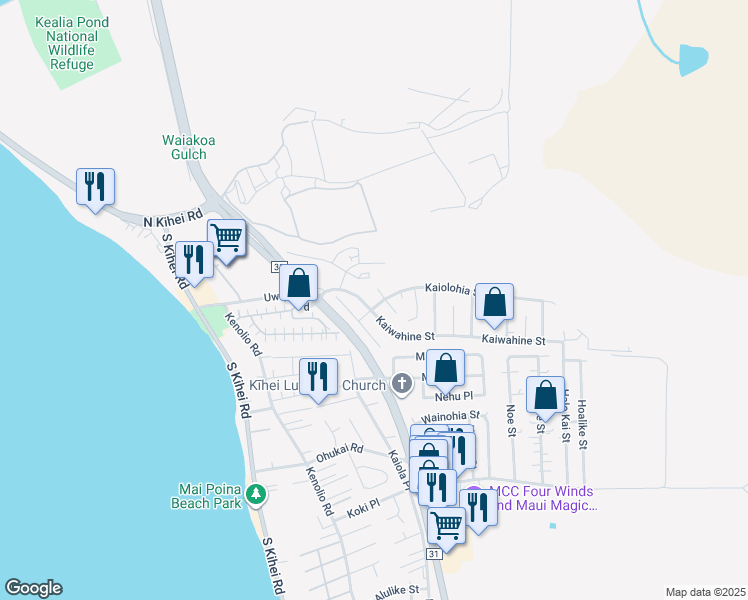 map of restaurants, bars, coffee shops, grocery stores, and more near 233 Opio Place in Kihei