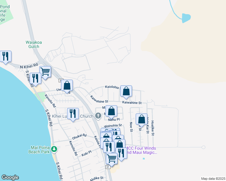 map of restaurants, bars, coffee shops, grocery stores, and more near 274 Lakau Place in Kihei