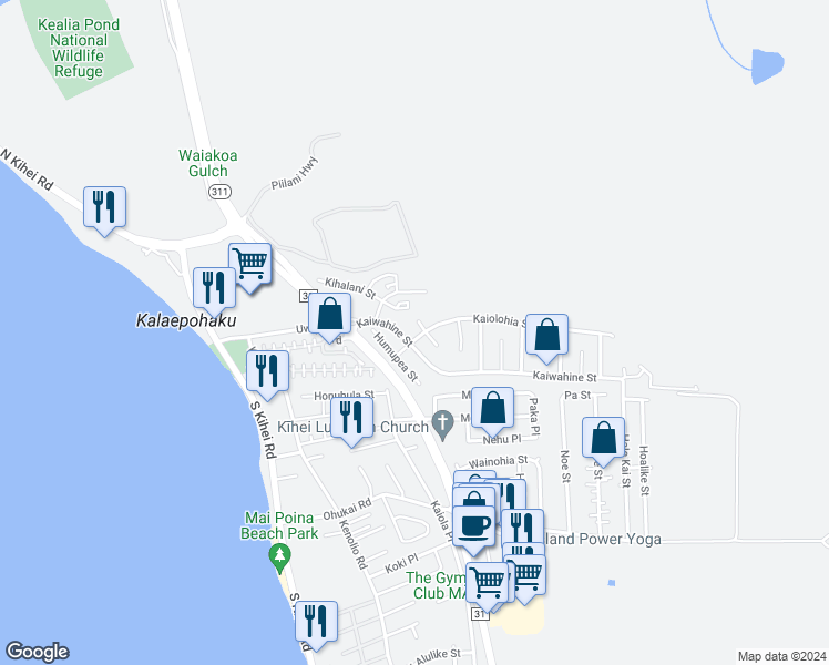 map of restaurants, bars, coffee shops, grocery stores, and more near 263 Kaiolohia Street in Kihei