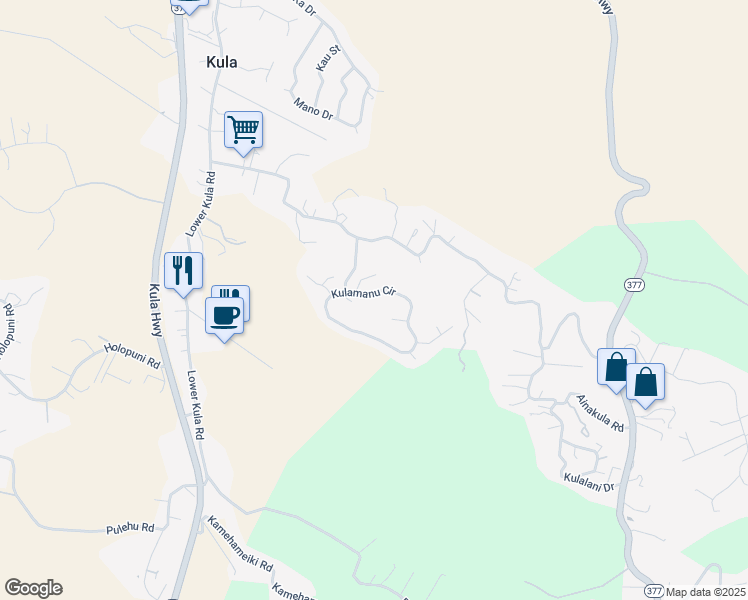 map of restaurants, bars, coffee shops, grocery stores, and more near 44 Kulamanu Circle in Kula