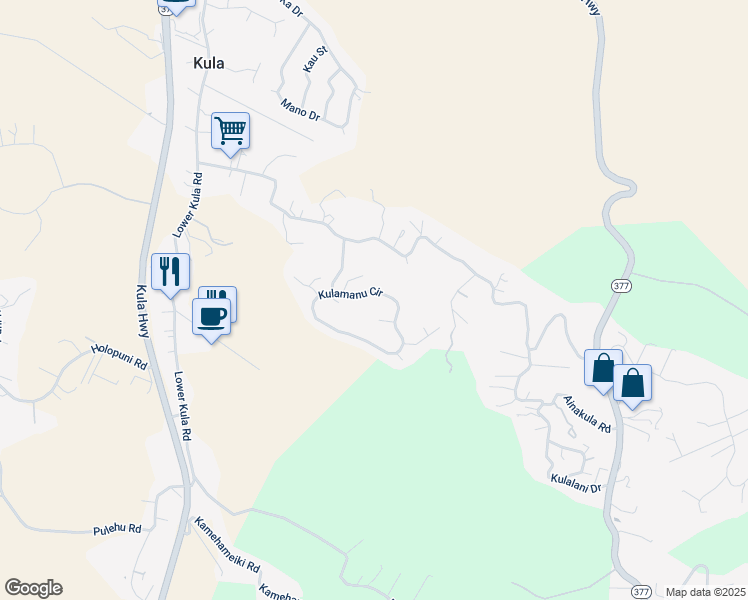 map of restaurants, bars, coffee shops, grocery stores, and more near 64 Kulamanu Circle in Kula