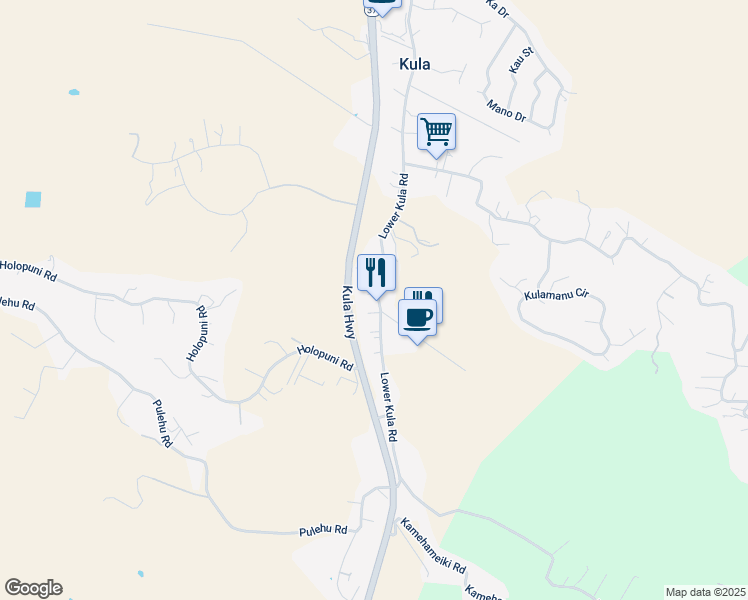 map of restaurants, bars, coffee shops, grocery stores, and more near 2748 Lower Kula Road in Kula