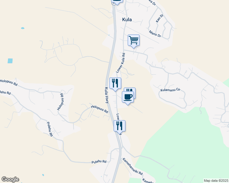 map of restaurants, bars, coffee shops, grocery stores, and more near 2748 Lower Kula Road in Kula