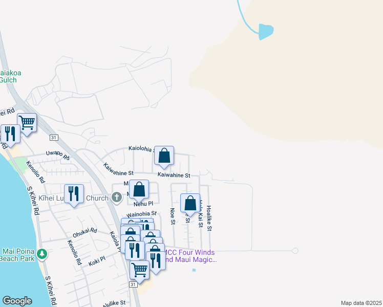 map of restaurants, bars, coffee shops, grocery stores, and more near 543 Kaiolohia Street in Kihei