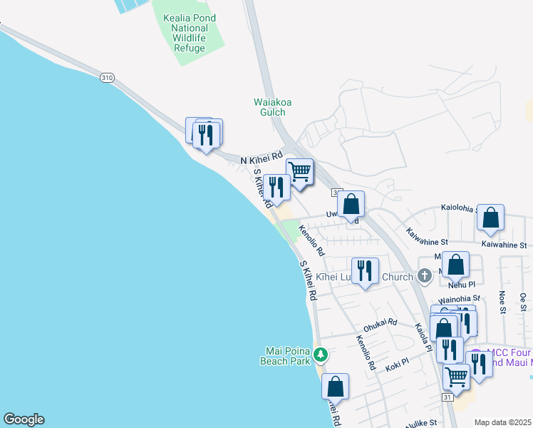 map of restaurants, bars, coffee shops, grocery stores, and more near 36 South Kihei Road in Kihei