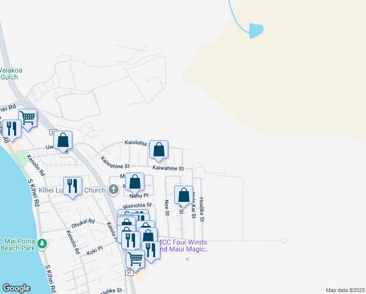 map of restaurants, bars, coffee shops, grocery stores, and more near 529 Kaiolohia Street in Kihei