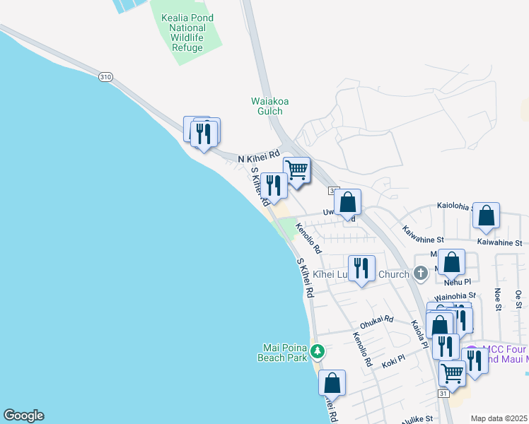 map of restaurants, bars, coffee shops, grocery stores, and more near 36 South Kihei Road in Kihei