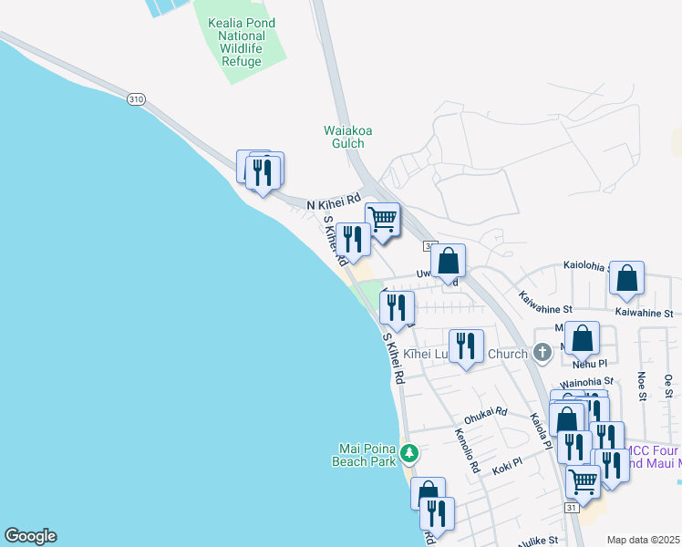 map of restaurants, bars, coffee shops, grocery stores, and more near 36 South Kihei Road in Kihei