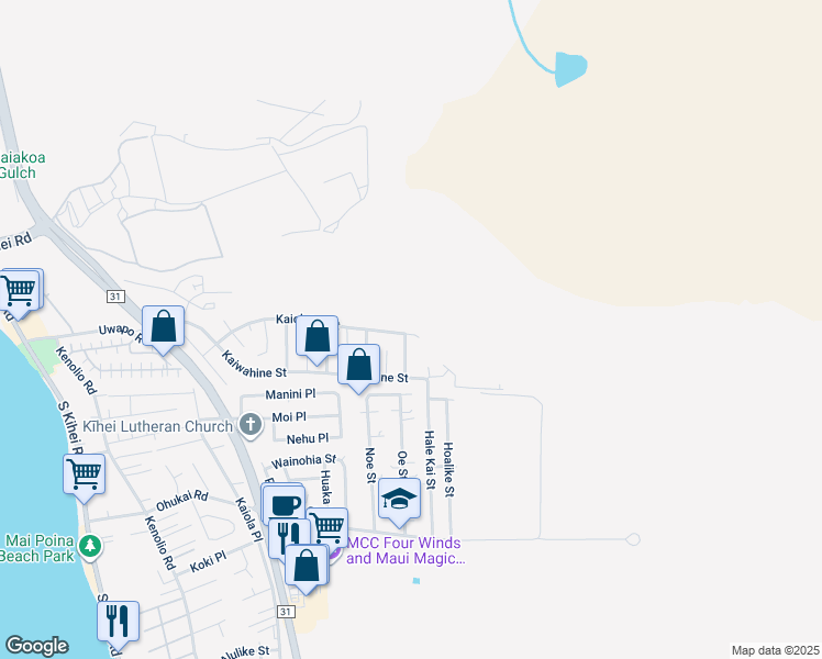 map of restaurants, bars, coffee shops, grocery stores, and more near 543 Kaiolohia Street in Kihei