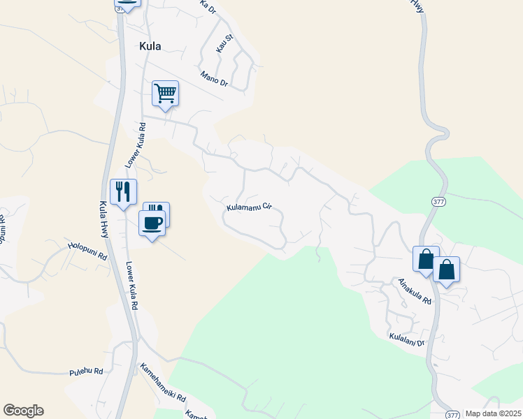 map of restaurants, bars, coffee shops, grocery stores, and more near 50 Kulamanu Circle in Kula