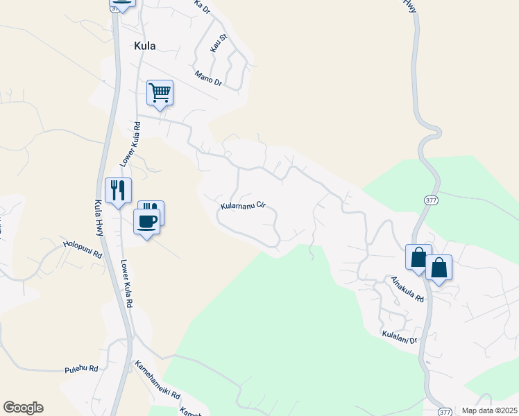 map of restaurants, bars, coffee shops, grocery stores, and more near 64 Kulamanu Circle in Kula