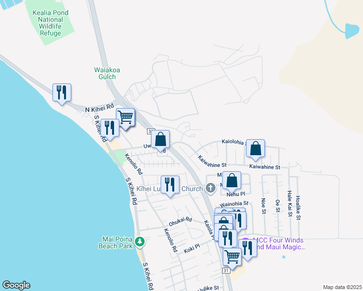 map of restaurants, bars, coffee shops, grocery stores, and more near 205 Humupea Street in Kihei
