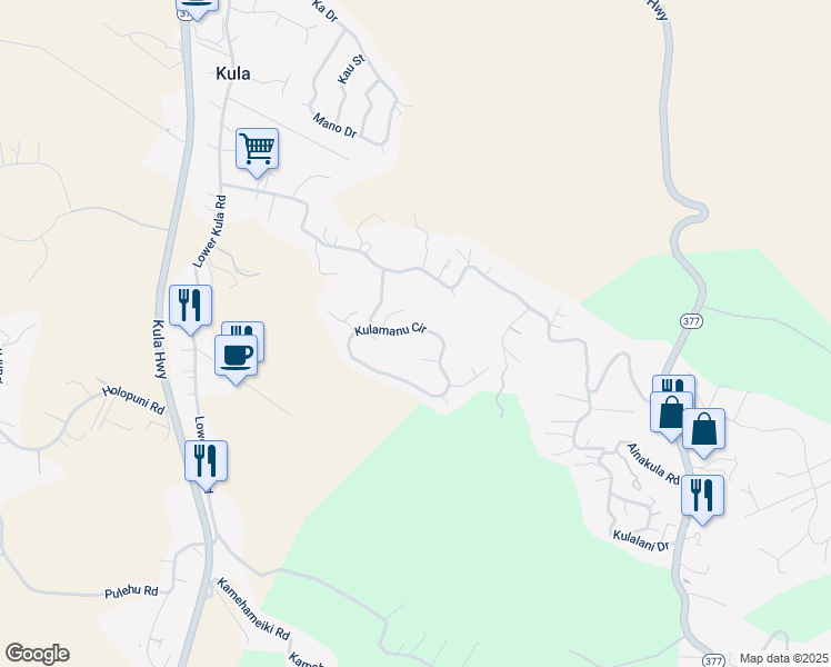 map of restaurants, bars, coffee shops, grocery stores, and more near 64 Kulamanu Circle in Kula