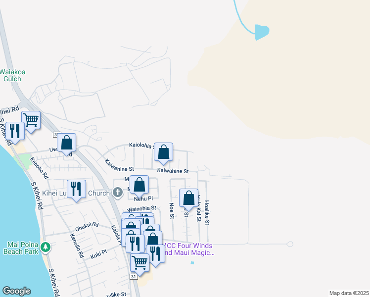map of restaurants, bars, coffee shops, grocery stores, and more near 529 Kaiolohia Street in Kihei