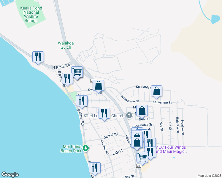 map of restaurants, bars, coffee shops, grocery stores, and more near 205 Humupea Street in Kihei