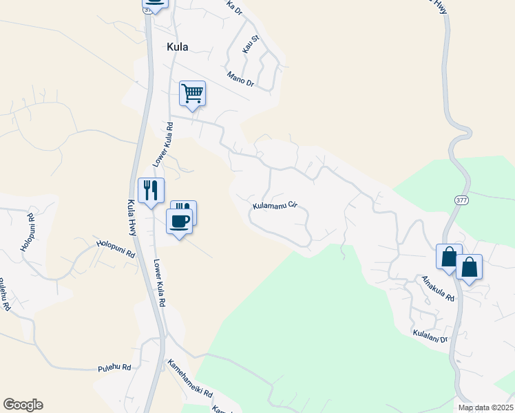 map of restaurants, bars, coffee shops, grocery stores, and more near 361 Kulamanu Circle in Kula