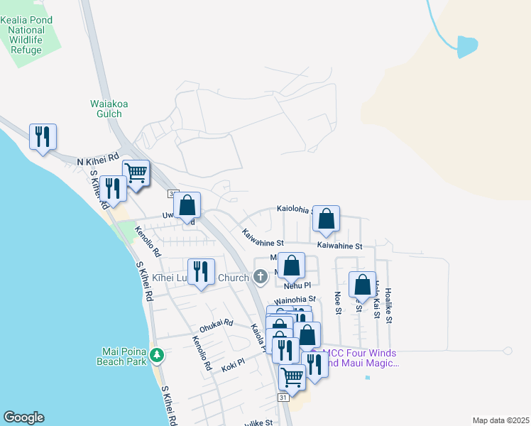 map of restaurants, bars, coffee shops, grocery stores, and more near 320 Kaiolohia Street in Kihei